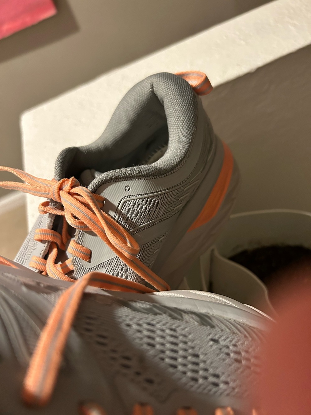 Hoka Women’s Light Gray Athletic Shoes with Peach Accents